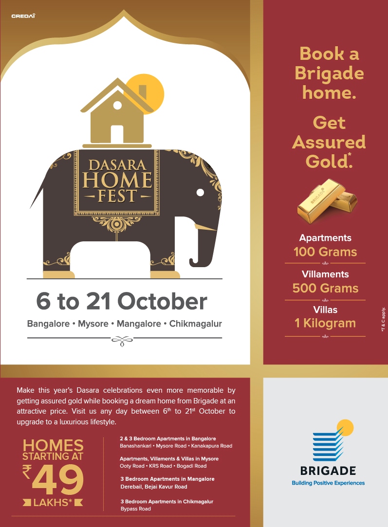 Book a Brigade Home & get assured gold during Dasara Home Fest